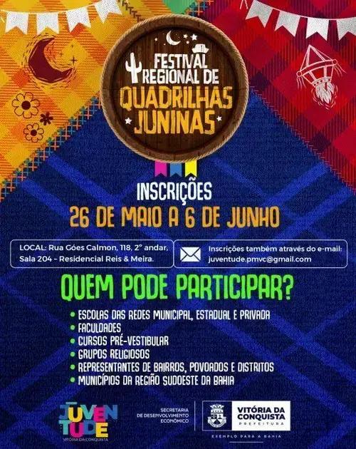 Inscrições abertas para o Festival Regional de Quadrilhas Juninas em Conquista