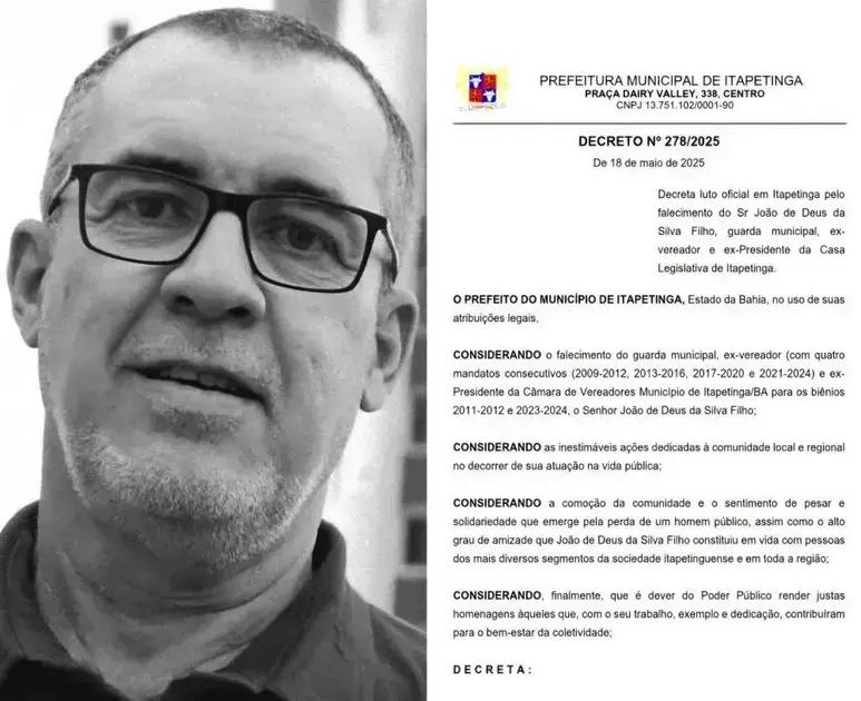 Itapetinga decreta luto de cinco dias pelo falecimento de João de Deus
