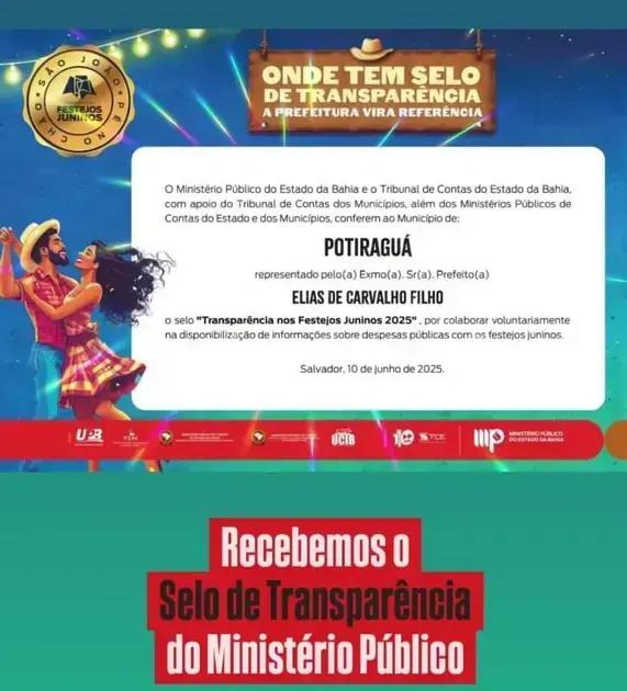 Potiraguá ganha Selo de Transparência e se prepara para o São João