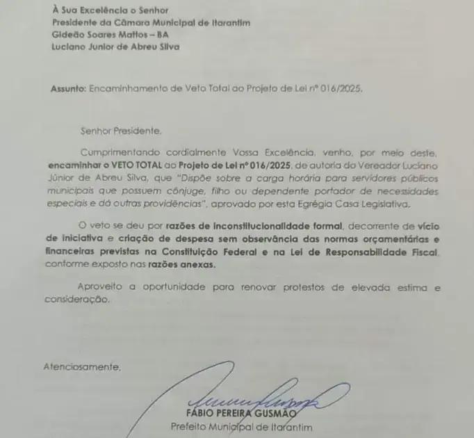 Prefeito Fábio Gusmão veta projeto sobre autismo em Itarantim