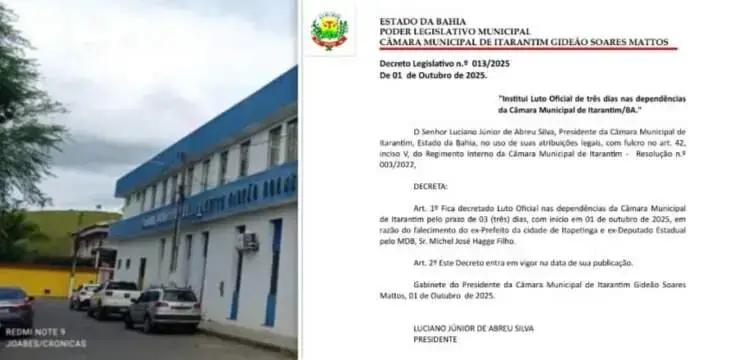 Câmara de Itarantim decreta luto de 3 dias por falecimento de Michel Hagge