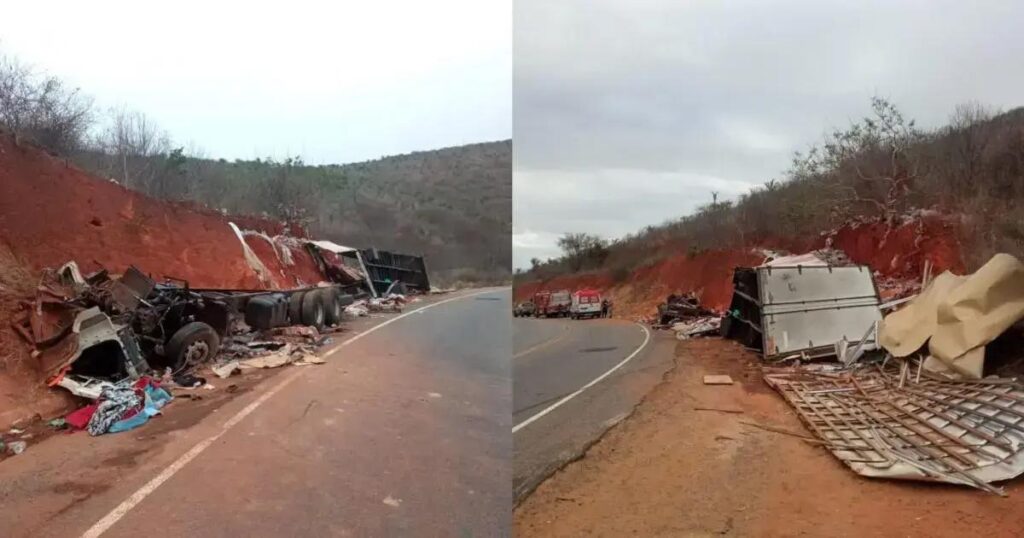 Caminhão com água mineral tomba na BA-026 em Maracás e interdita via