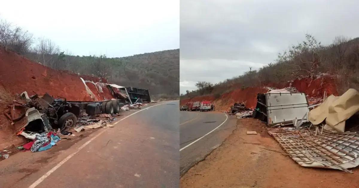 Caminhão com água mineral tomba na BA-026 em Maracás e interdita via
