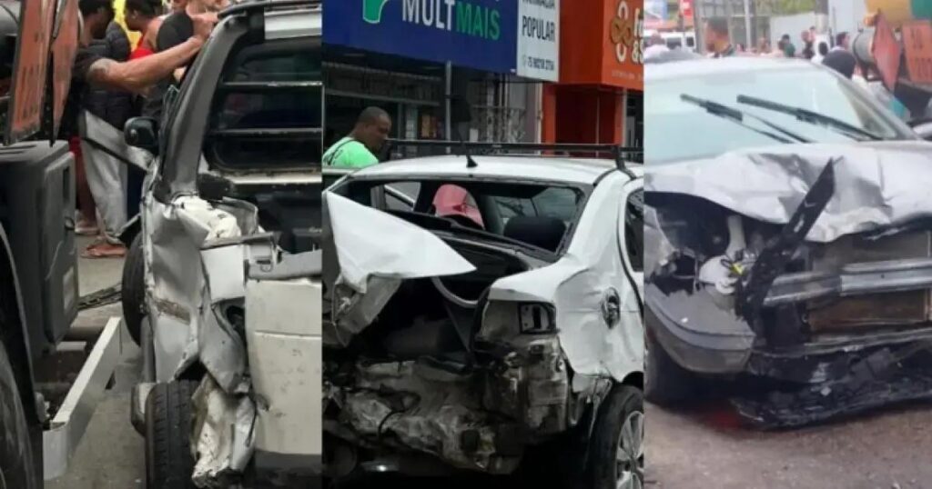 Caminhão perde controle e atinge sete veículos no Centro de Nazaré