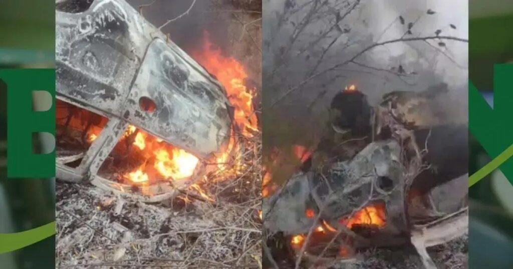 Carro pega fogo após capotar na BR-114 na Chapada Diamantina