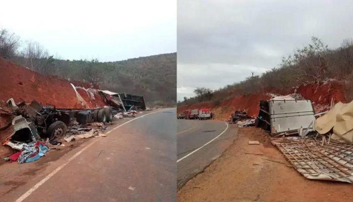 Caminhão com água mineral tomba na BA-026 em Maracás e interdita via