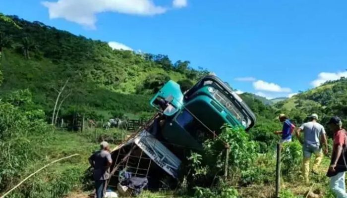Caminhão com gado tomba em estrada vicinal em Itambé, Bahia