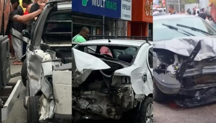 Caminhão perde controle e atinge sete veículos no Centro de Nazaré