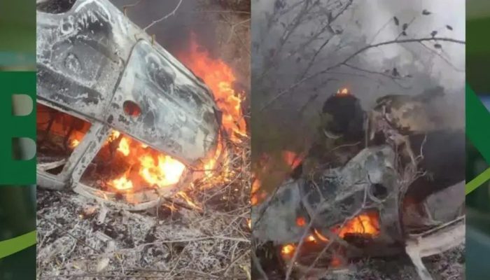 Carro pega fogo após capotar na BR-114 na Chapada Diamantina