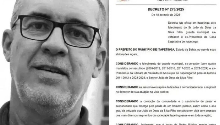 Itapetinga decreta luto de cinco dias pelo falecimento de João de Deus