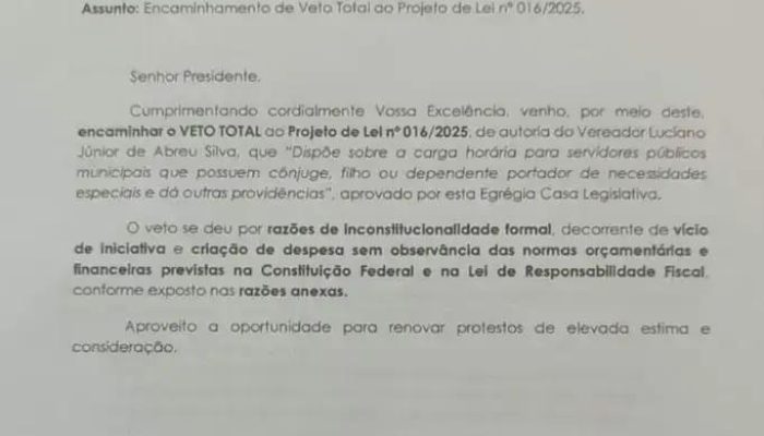 Prefeito Fábio Gusmão veta projeto sobre autismo em Itarantim