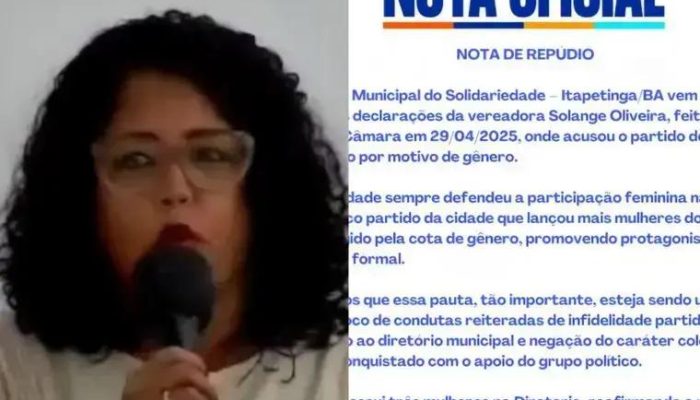 Solidariedade em Itapetinga emite nota de repúdio contra vereadora