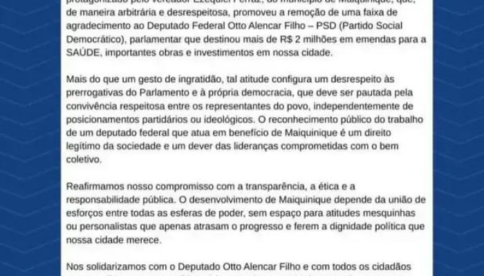 Vice-prefeito de Maiquinique reprova ação de vereador em nota de repúdio